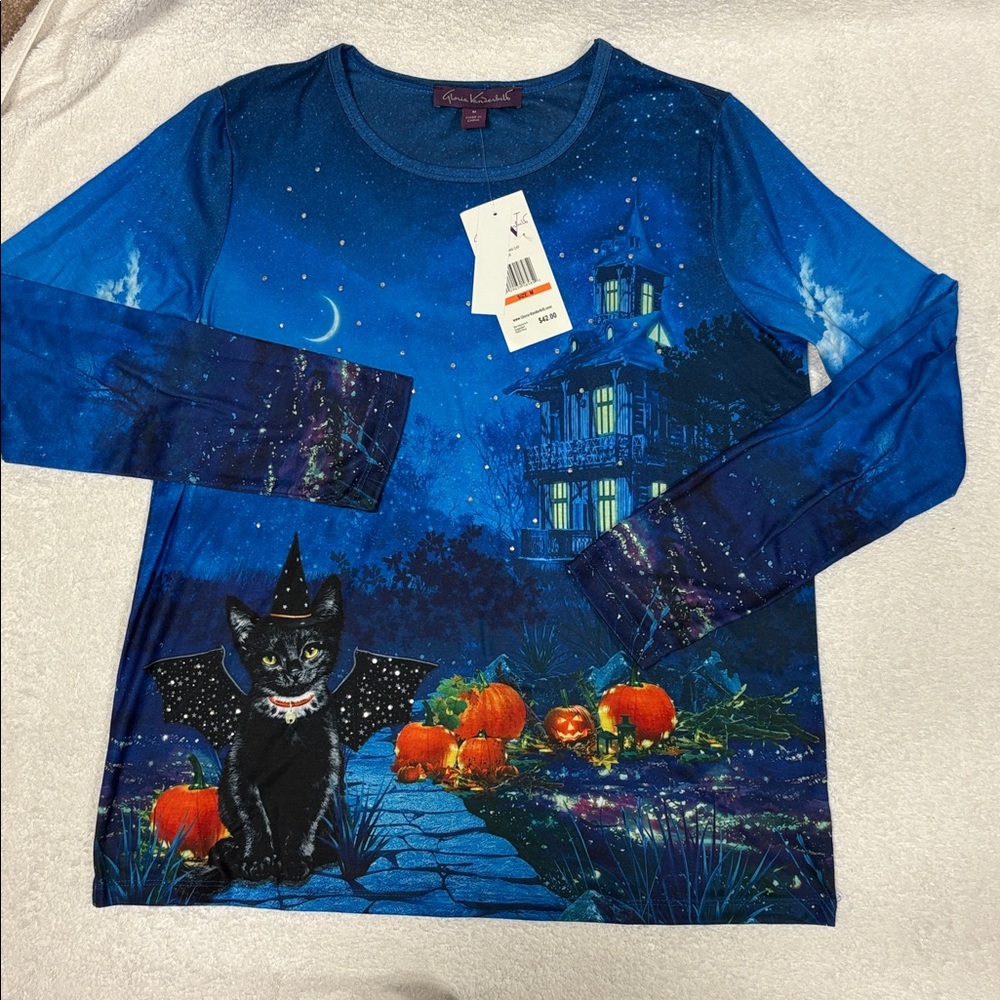 NWT Gloria Vanderbilt Blue Halloween long sleeve tee bat cat, pumpkins medium